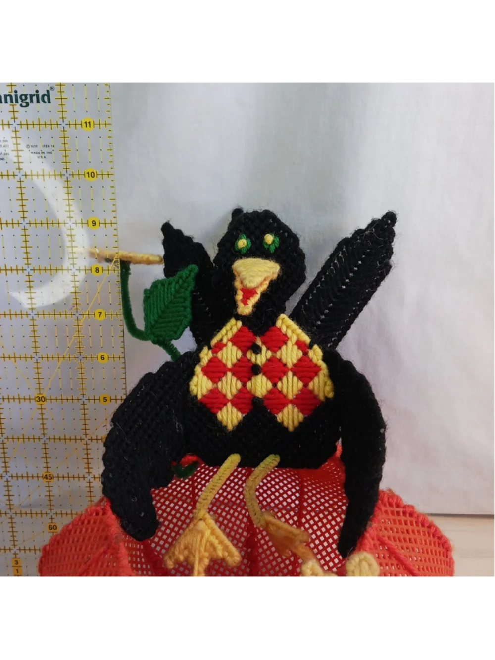 Vintage Halloween Craft Basket Crow On Pumpkin With Sunflowers Handicraft